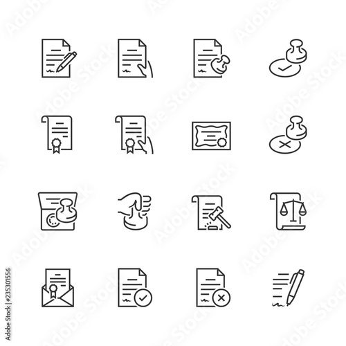 Vector icon set of legal documents in thin line style