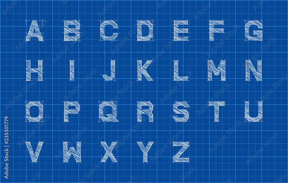 Sketch alphabet or font over blueprint paper background
