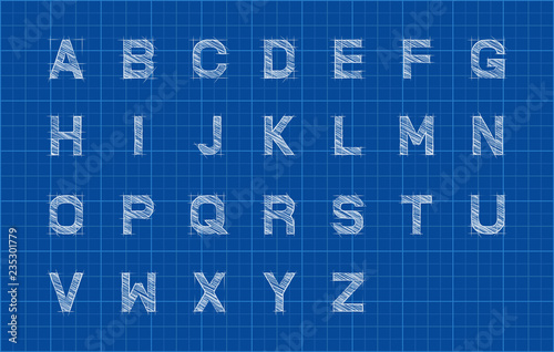 Sketch alphabet or font over blueprint paper background