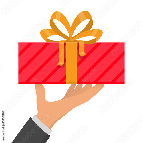 Hand holding red gift box with yellow ribbon, vector illustration
