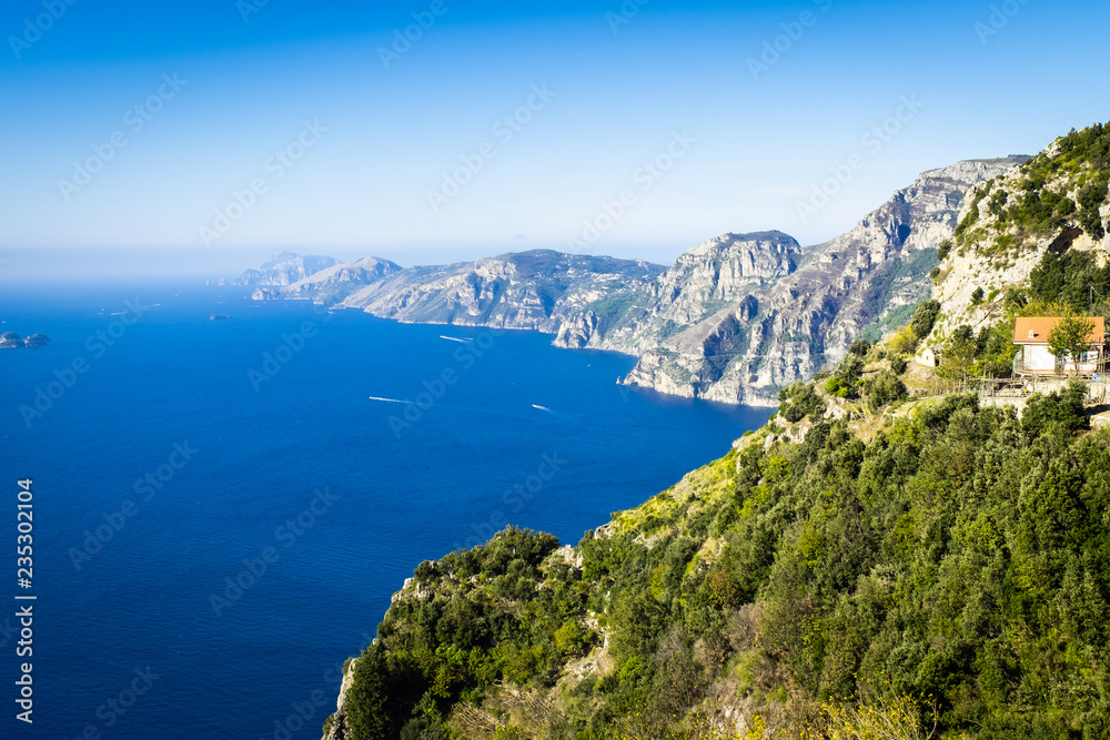Sorrentine Peninsula and Amalfi coastline in Calm Mediterranean sea