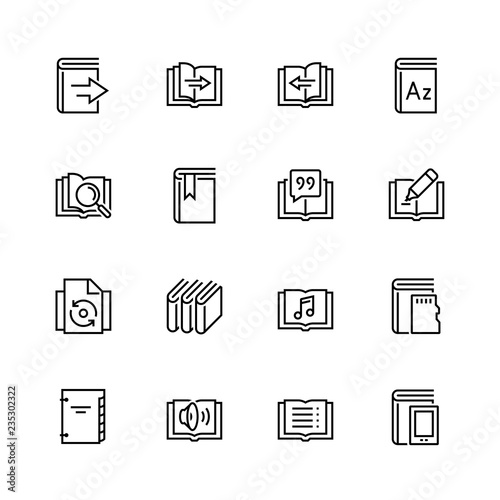 Ereader interface related vector icon set in thin line style