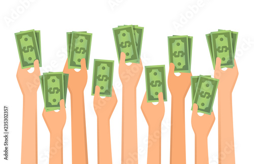 Hands holding money up. Vector illustration in flat style