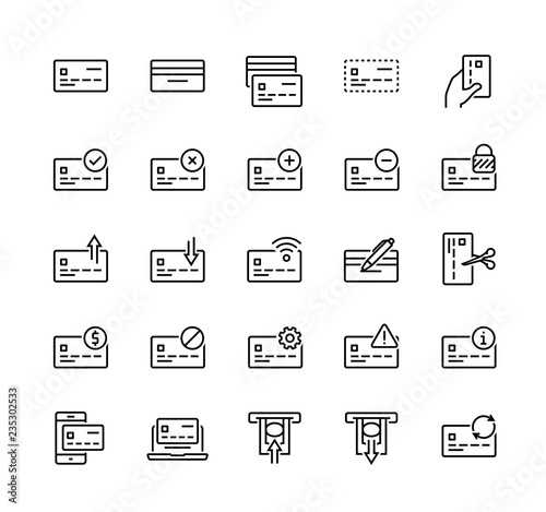 Bank card related vector icon set in thin line style