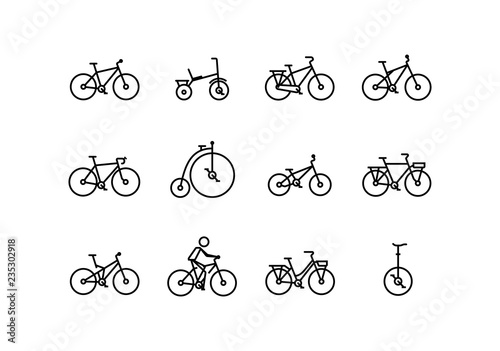Bicycle vector icon set in thin line style with editable stroke