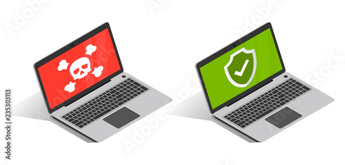 Illustration of two laptops - infected by virus and clean one
