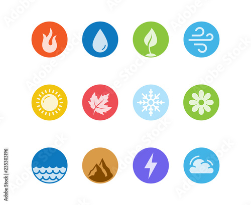 Vector round icon set of fire, water, earth and air elements and seasons of year in flat design style