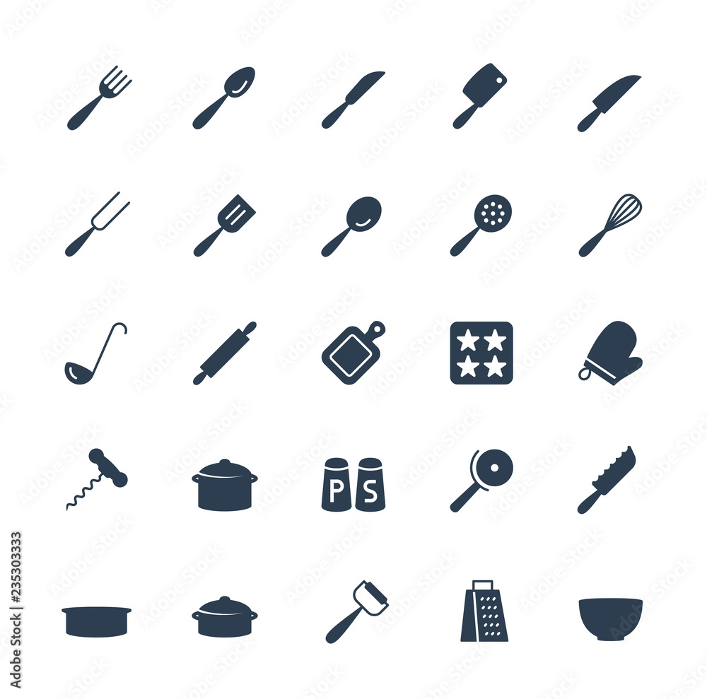 Kitchen utensils vector icons set in glyph style Kitchen utensils vector icons set in glyph style