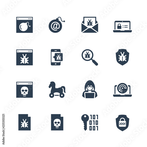 Computer virus, digital protection and hacker attack icon set in glyph style