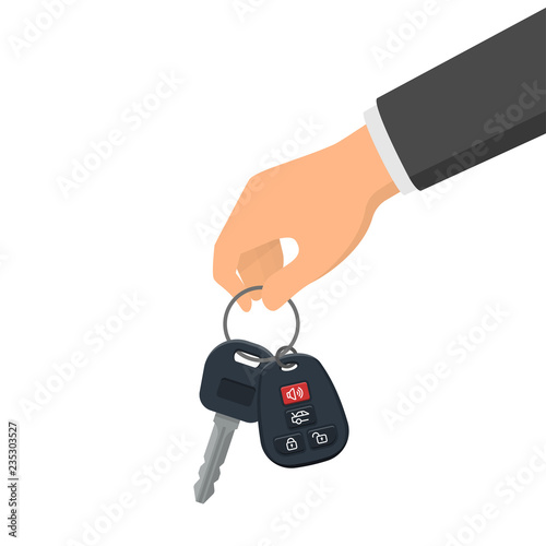 Hand holding a key and a fob. Concept of buying or renting a new car. Vector illustration in flat style