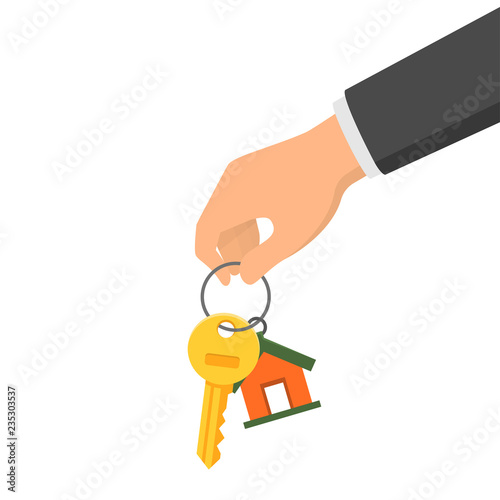 Hand holding a key and a fob. Concept of buying or renting a new house or apartment. Vector illustration in flat style
