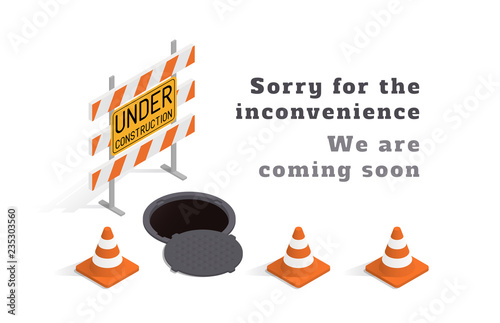 Under construction concept with barricade, manhole and traffic cones over white background. Isometric template with sample text