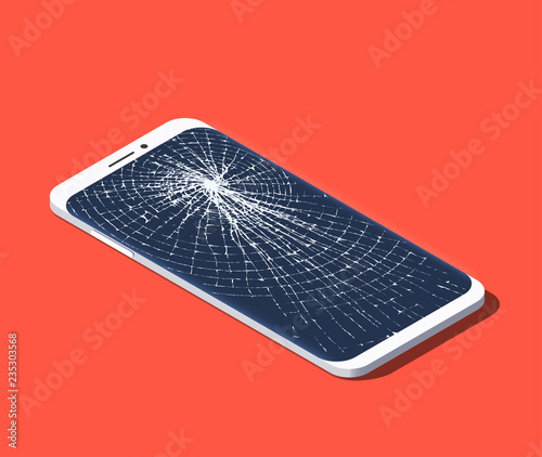 Isometric illustration of broken smartphone with shattered screen