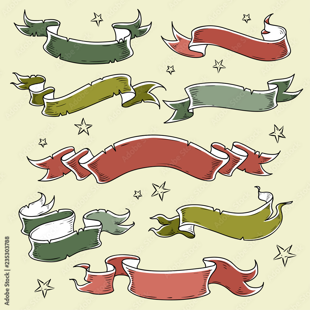 Set of colored holiday ribbons with stars and inscription 2019. Illustration for holiday labels ,sticker, greeting card