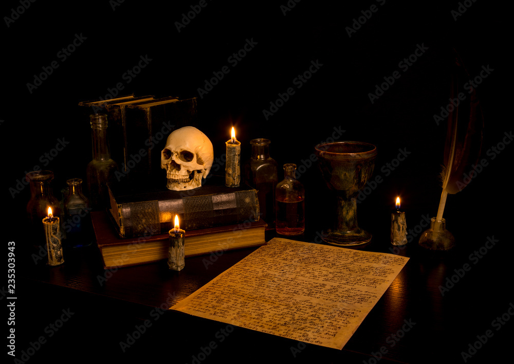  Wizard's Desk. A desk lit by candle light. A human skull, old books, a goblet, and potion bottles are present. Desk has parchment paper with arcane writing. Feather pen in inkwell. Focus on skull.