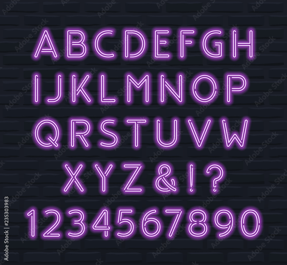 Neon font, capital letters and numbers
