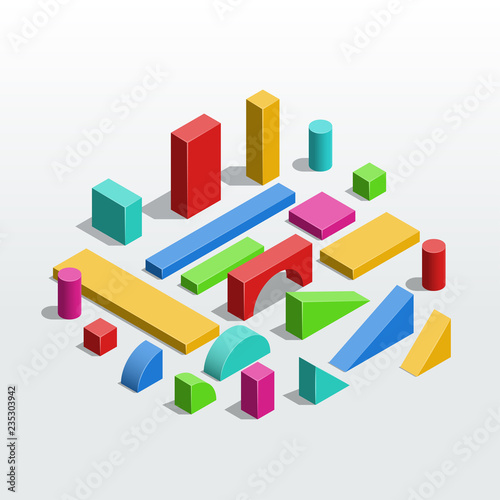 Colorful wooden unit blocks - toys for kids. Isometric vector illustration
