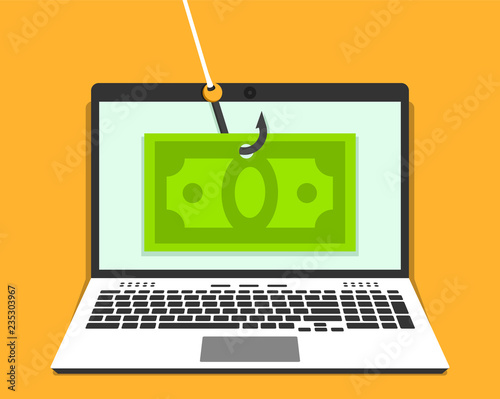Laptop with money bill on hook on the screen. Phishing concept. Vector illustration in flat style