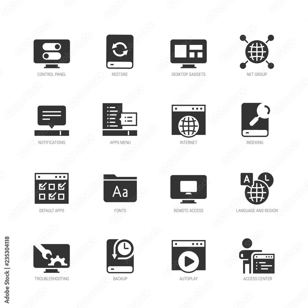 Operating system vector icon set in glyph style
