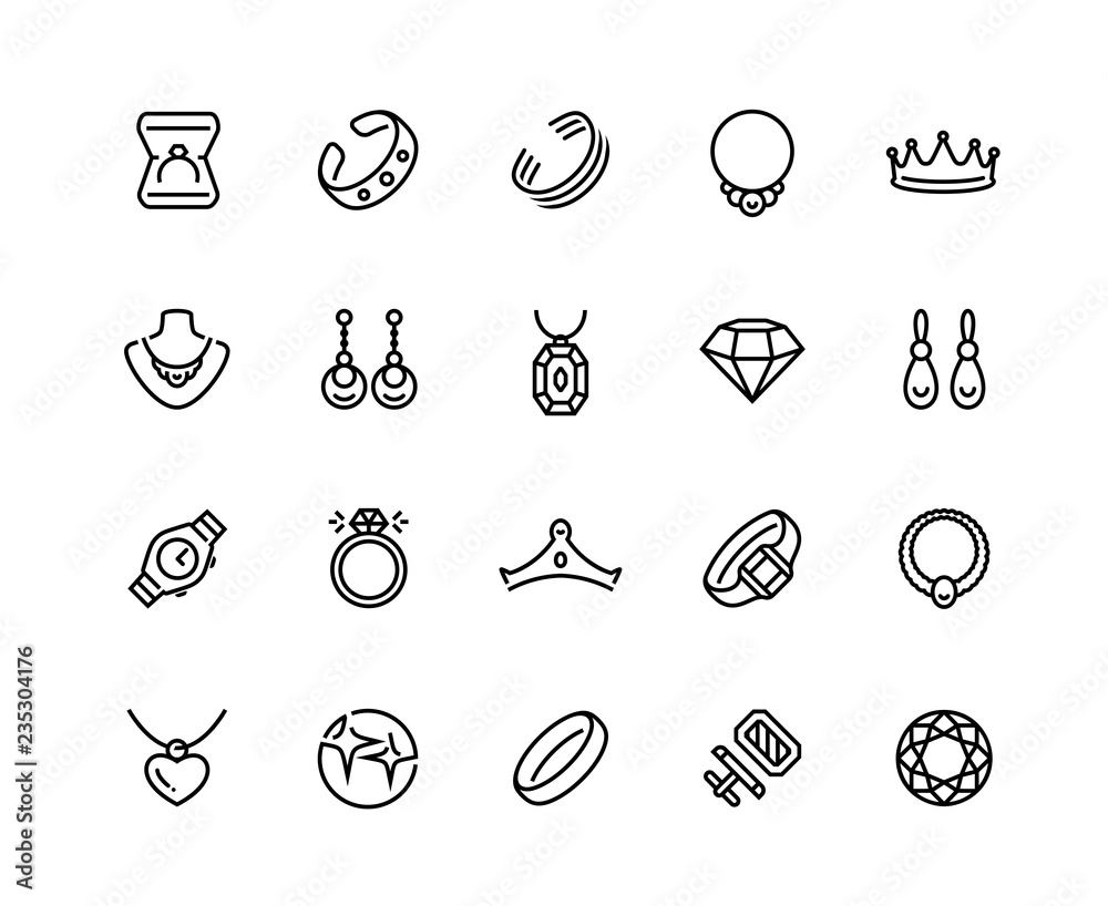 Jewelry vector icon set in outline style