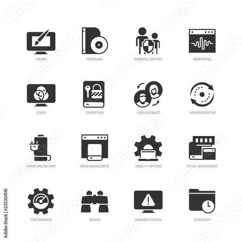 Operating system and its management vector icon set in glyph style