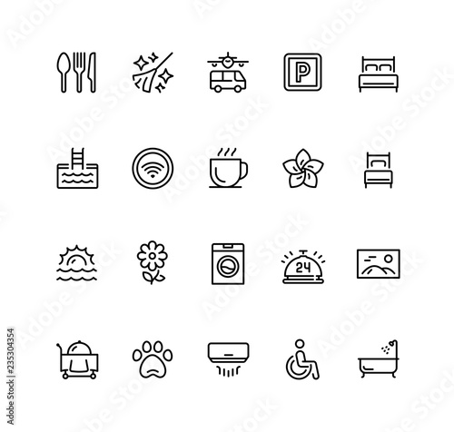 Hotel facilities and services vector icon set in outline style photo