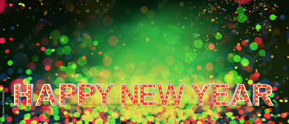 Naklejka premium Happy new year marquee letters number on colorful blurred lights background,3d illustration