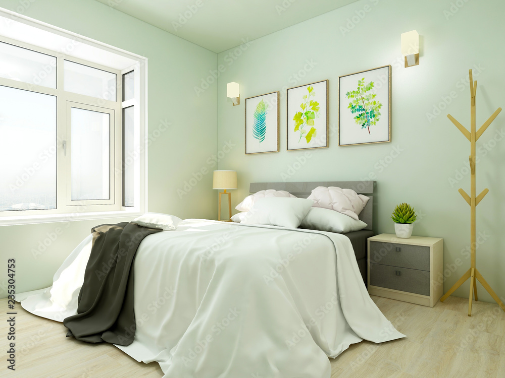 Cozy bedroom in light green wall paint Stock Illustration | Adobe Stock