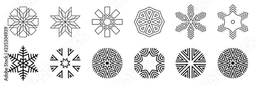 Snowflakes set. Isolated on white background. Flat snow icons, silhouette. Geometric design elements for Christmas decoration. Crystal, ice  elements. Vector monochrome illustration.