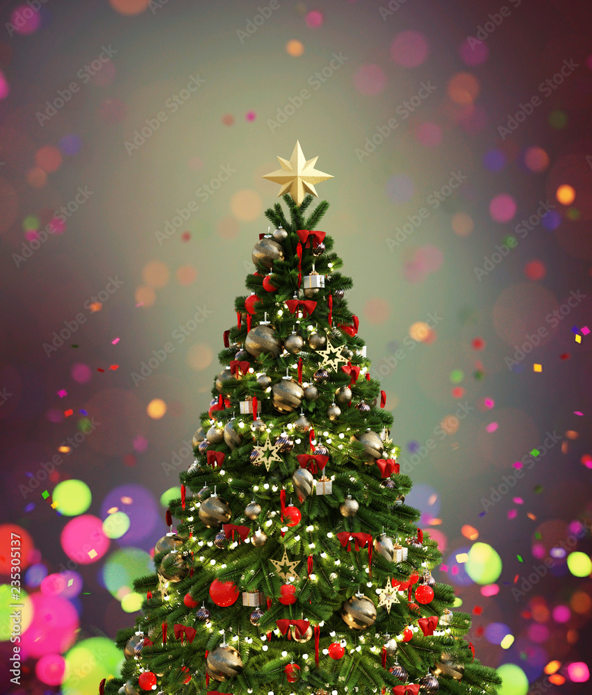 christmas tree decorated on colorful blurred lights background,3d illustration