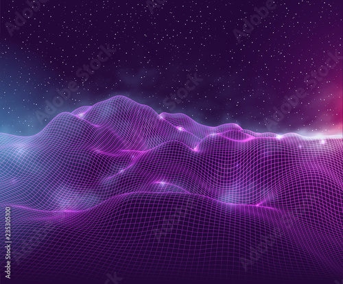 Futuristic abstract vector wire mesh misty mountains. Cyberspace grid landscape in deep space