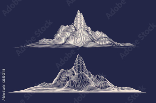Abstract vector wireframe mesh mountains, front view