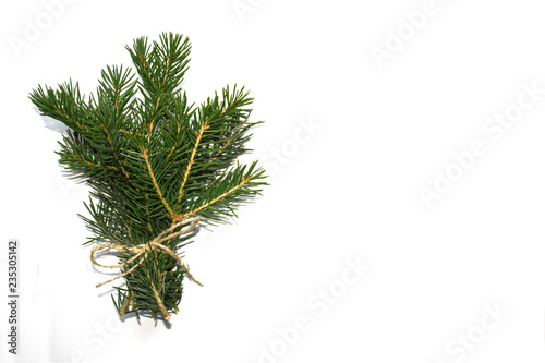 fir twigs tied with jute thread on a white background. Empty copy space for inscription