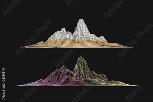 Abstract vector wireframe mesh mountains, front view