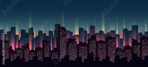 Urban neon landscape, nighttime cityscape vector illustration