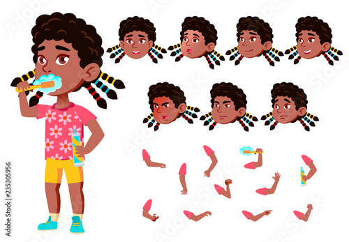 Girl, Child, Kid, Teen Vector. Black. Afro American. Active Cute. Cheer, Pretty. Face Emotions, Various Gestures. Animation Creation Set. Isolated Flat Cartoon Character Illustration