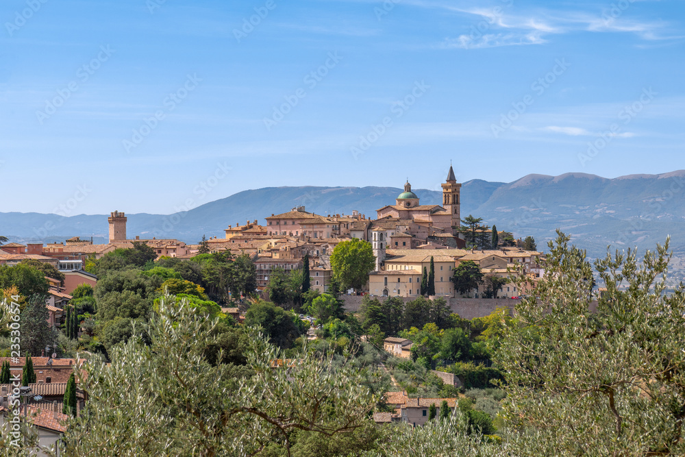 Countryside landscape with the ancient hill town Trevi and olive trees. Trevi, Perugia, Umbria, Italy