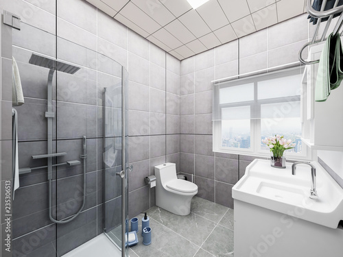 Modern family bathroom design with toilet  washing machine  shower and mirror