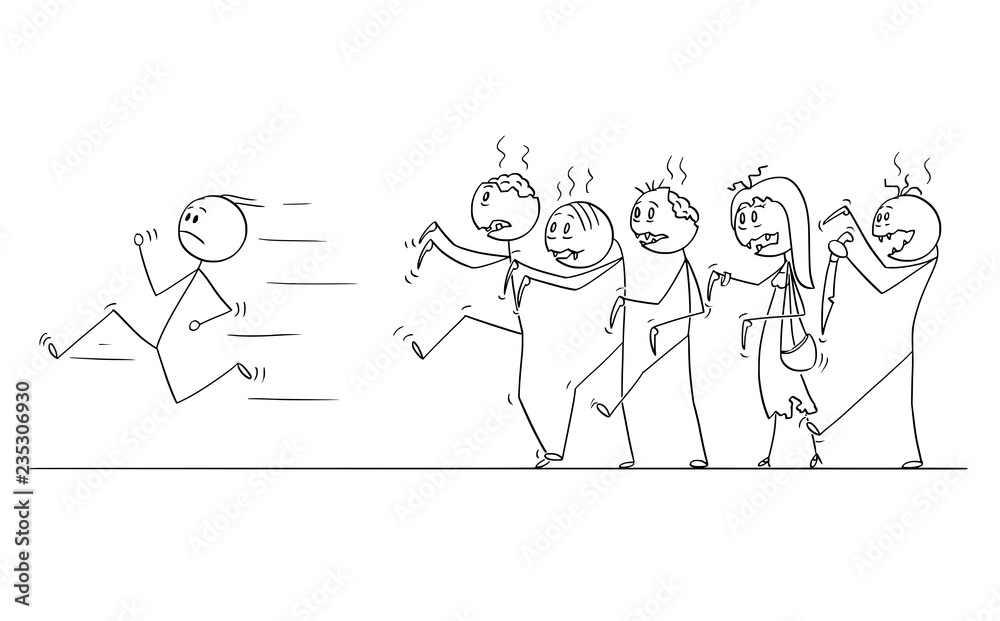 Cartoon stick drawing conceptual illustration of man running away from crowd of walking undead zombies.Halloween drawing. Cartoon stick drawing conceptual illustration of man running away from crowd of walking undead zombies.Halloween drawing.