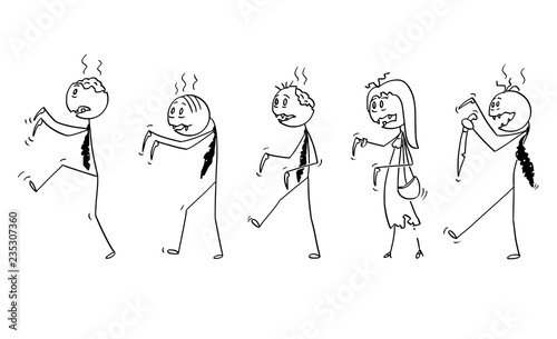 Cartoon stick drawing illustration of group of five undead zombie businessmen walking. Halloween drawing.