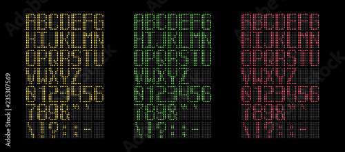 Digital yellow, green and red led font isolated on black background, vector illustration