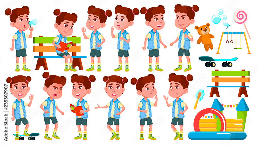 Girl Kindergarten Kid Poses Set Vector. Happy Children Character. Babysitting. For Advertisement, Greeting, Announcement Design. Isolated Cartoon Illustration Girl Kindergarten Kid Poses Set Vector. Happy Children Character. Babysitting. For Advertisement, Greeting, Announcement Design. Isolated Cartoon Illustration