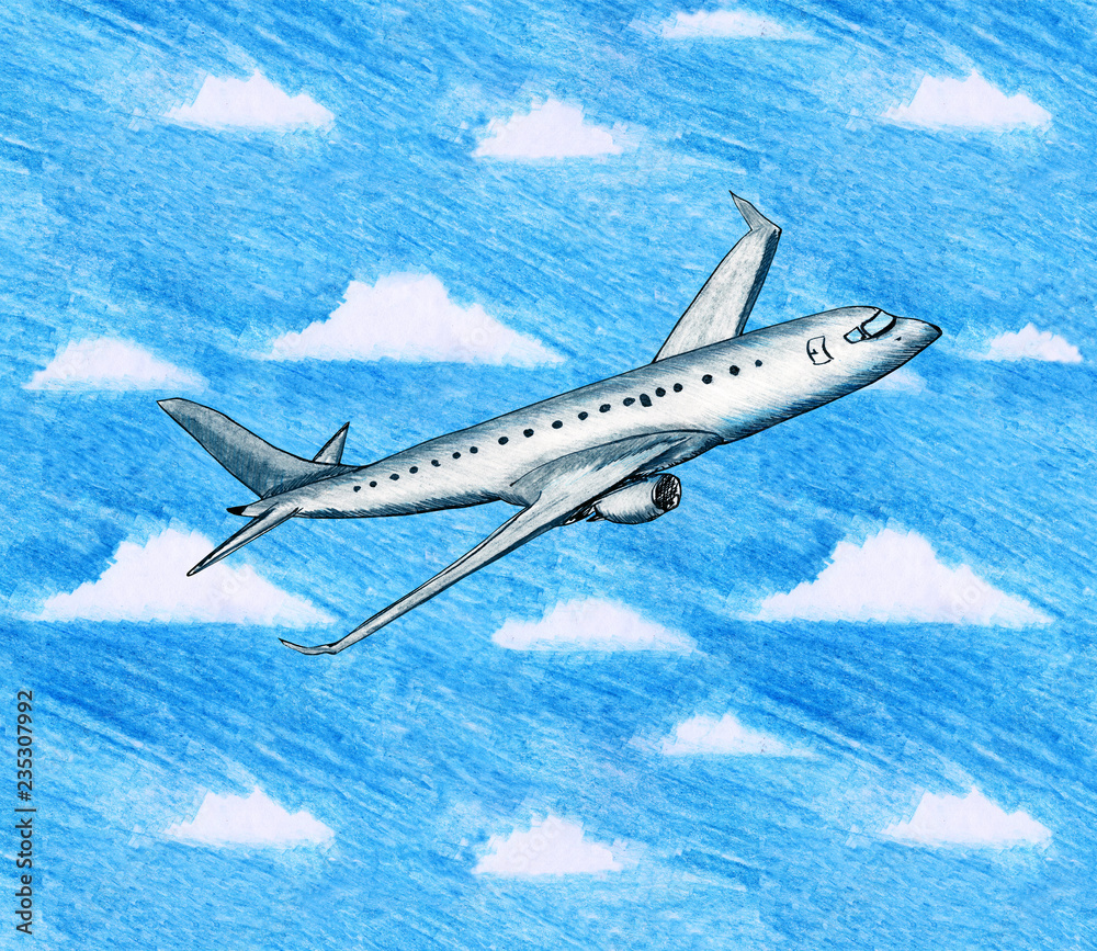 Naklejka premium Hand drawn illustration of gray airplane in flight and sky with white clouds in color pencils style