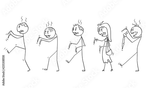 Cartoon stick drawing illustration of group of five undead zombies walking. Halloween drawing.
