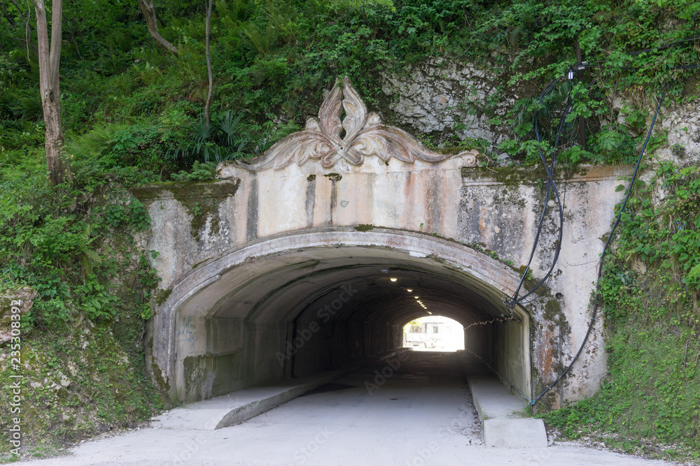 Tunnel under the mountain with a beautiful carved arch.