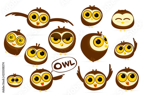 Set of owls cartoon character with different emotions isolated on white background. Vector illustration