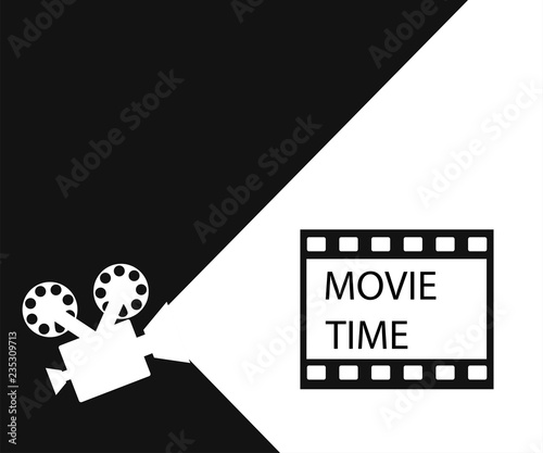 Movie time, black background, vector illustration in flat style