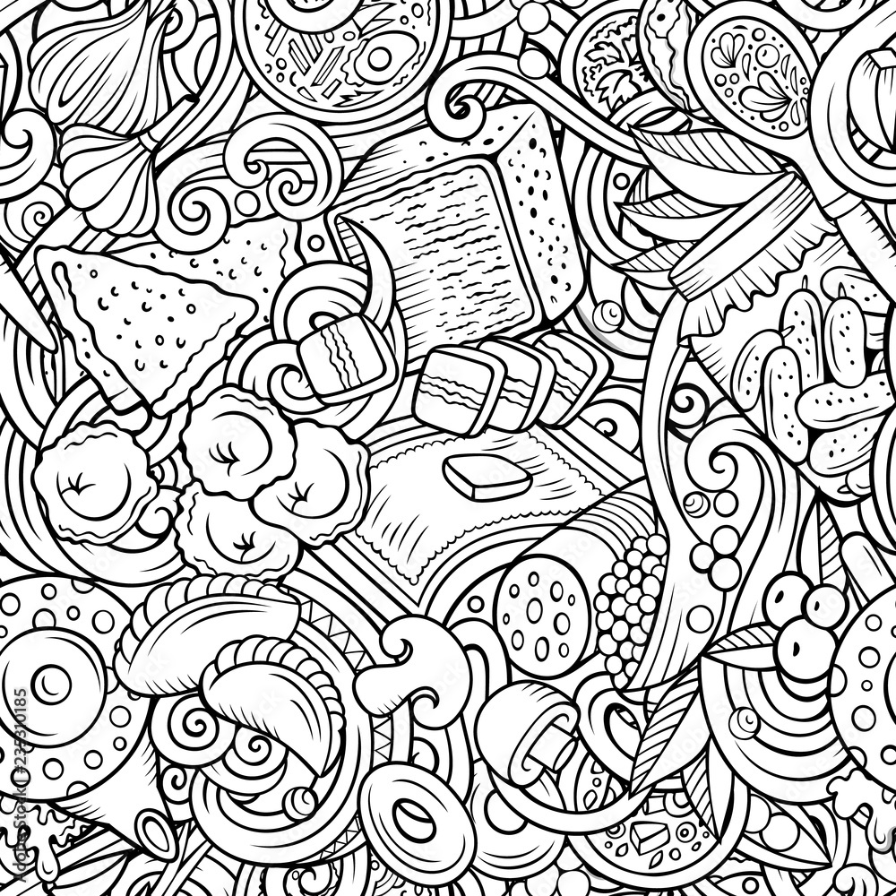 Cartoon cute doodles hand drawn Russian food seamless pattern Cartoon cute doodles hand drawn Russian food seamless pattern