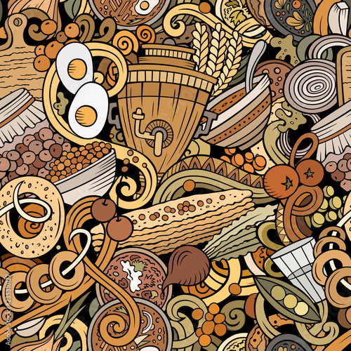 Cartoon cute doodles hand drawn Russian food seamless pattern