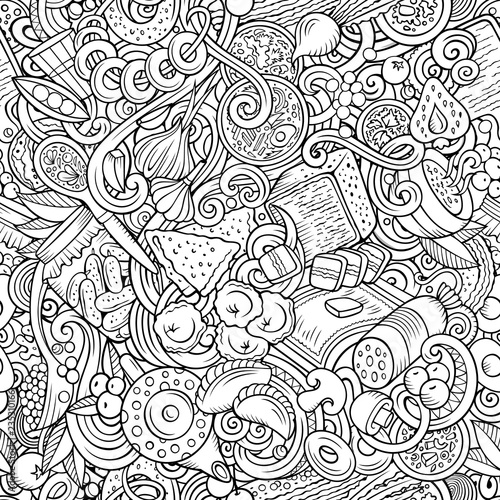 Cartoon cute doodles hand drawn Russian food seamless pattern